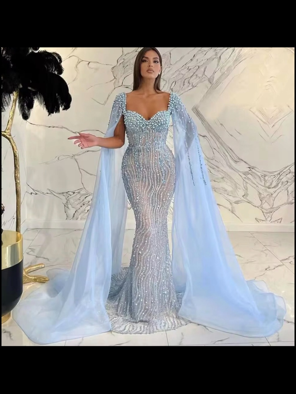 Beaded Light Blue Mermaid Maxi Gown With Dramatic Cape Sleeves